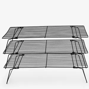 Professional 3-tier black metal pastry display and cooling rack for bread, cakes and cookies
