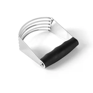 Professional stainless steel dough blender with black ergonomic handle for pastry mixing