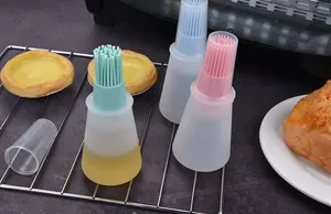 Detail view of colorful heat-resistant silicone oil bottle brushes for professional baking and BBQ