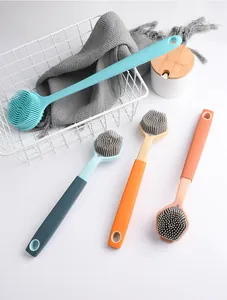 Multi-color silicone kitchen cleaning brushes with soft bristles and long handles