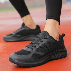 Breathable black mesh men's leisure sneakers with lightweight cushioning for outdoor running