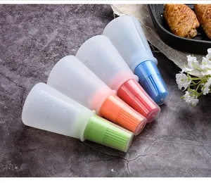 Detailed view of four colorful silicone oil bottle brushes with scale markings