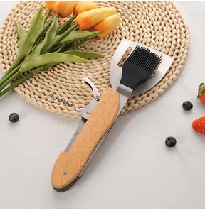 Multi-functional stainless steel BBQ tool with wooden handle, spatula and brush