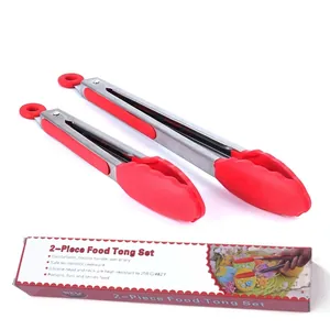 2 Piece Silicone Food Tongs Set Stainless Steel Heat Resistant BBQ Cooking Tongs With Locking Clip Kitchen Utensils For Serving