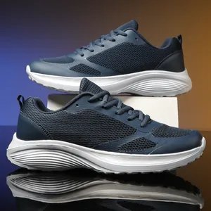 Lightweight navy blue breathable mesh running sneakers for men with cushioning sole
