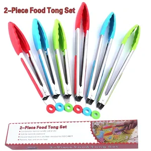 Two-piece silicone food tong set with heat resistant tips and stainless steel handles