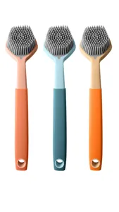 Durable set of three non-scratch silicone dish brushes with long ergonomic handles for kitchen