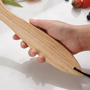 Ergonomic natural wooden handle for pizza peel with hanging loop for easy storage