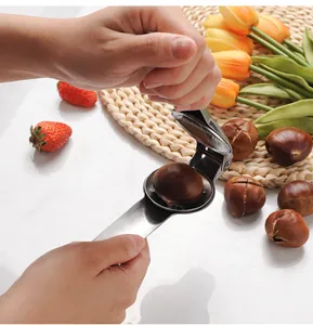 Detailed view of heavy duty stainless steel chestnut opener cracking a fresh nut manually