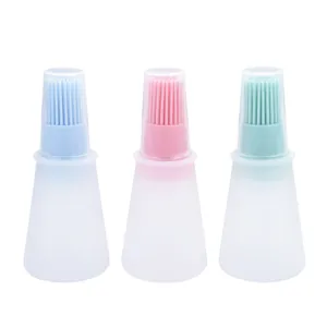Set of 3 heat resistant silicone oil bottles with brushes and caps for BBQ and baking