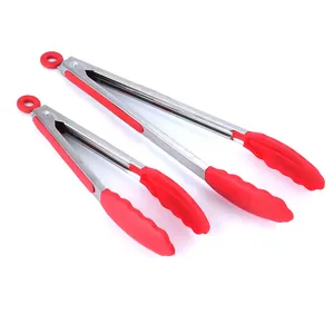 Set of 2 professional red silicone and stainless steel kitchen tongs for BBQ and cooking