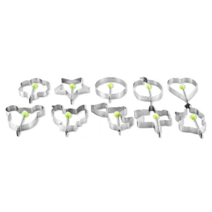 Juego de 10 moldes de acero inoxidable para huevos fritos en varias formas con mangos verdes