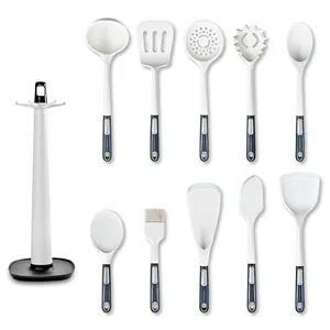 Set di 11 utensili da cucina premium in silicone bianco con supporto rotante antiaderente