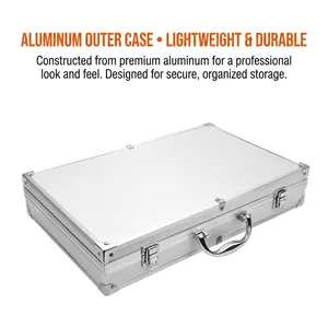 Professional silver aluminum carrying case for BBQ tool set with durable metal handle and latches