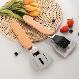 Multifunctional Stainless Steel BBQ Tool Set With Wooden Handle Folding Spatula Grill Fork Oil Brush For Outdoor Camping