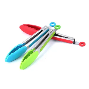 Set of three colorful silicone and stainless steel food tongs for BBQ and kitchen cooking use.