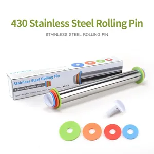 17 Inch Adjustable Stainless Steel Rolling Pin with Thickness Rings and Silicone Pastry Mat for Baking Dough Scale Kitchen Tool