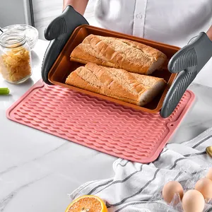 Large pink silicone heat insulation mat and waterproof non-slip dish drying mat for kitchen counter