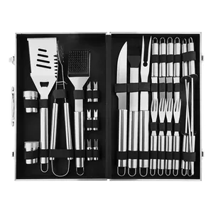 Professional 20-piece stainless steel BBQ tool set in sturdy aluminum carrying case