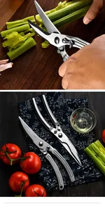 Close-up of heavy-duty stainless steel kitchen shears cutting celery on a wooden board