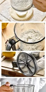 Detail showing measurements and fine mesh of handheld plastic flour sifter