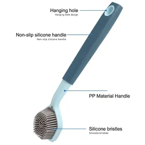 Long-handle silicone kitchen cleaning brush with non-slip grip and hanging hole