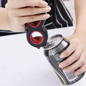 Ergonomic 6-in-1 multi-functional manual bottle and jar opener tool opening a soda can lid