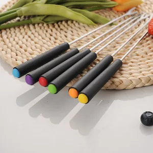 Stainless steel fondue fork set with multicolored plastic handles for cheese and chocolate