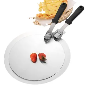 Two-piece round stainless steel pizza peel set with folding black handles for kitchen