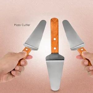 Professional stainless steel pizza server with ergonomic wooden handle for baking