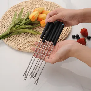 Set of 6 stainless steel fondue forks with colored plastic handles for BBQ and fruit.