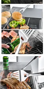 Detailopname van 430 roestvrijstalen BBQ-spatel die vlees omdraait op de grill