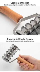 Detaillierte Ansicht des Teigschneiders mit ergonomischem Holzgriff und sechs Rädern