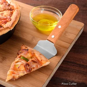 Stainless steel pizza server with natural wooden handle lifting a fresh pizza slice