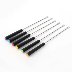 Stainless steel fondue forks set with colorful plastic handles for cheese and chocolate