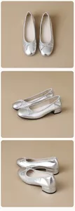 Detailed views of silver metallic ballet flats featuring a bow and low block heel.