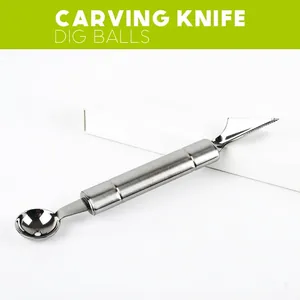 Dual-head stainless steel fruit baller and carving knife tool for creative kitchen use