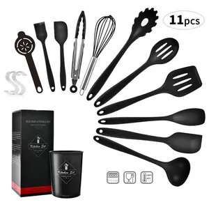 Professional 11pcs black heat resistant silicone kitchen utensil set with holder and hooks