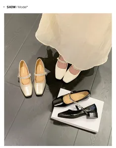 Close-up of elegant French Mary Jane shoes with crystal straps in multiple colors