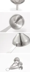 Detail view of stainless steel kitchen funnel set showing handles and surface finish.