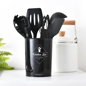 Professional 10-piece black silicone kitchen utensil set with storage container