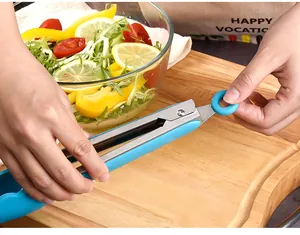 Detail view of 9-inch blue silicone food tongs showing the ring locking mechanism.