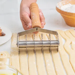 Multi-wheel stainless steel pastry cutter with ergonomic wooden handle for dough lattice