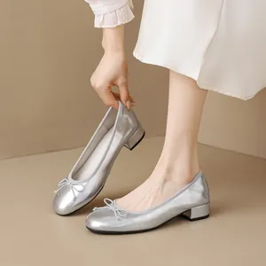 French Style Women's Round Toe Ballet Flats Block Heel Single Shoes With Bow Low Cut Solid Color PU Leather Elegant Footwear