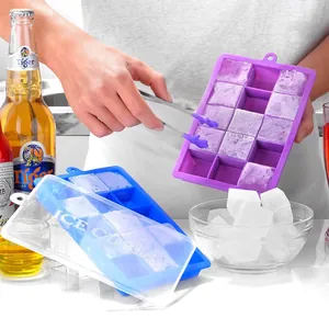 Stampo per cubetti di ghiaccio in silicone a 15 griglie con coperchio e pinze da bar