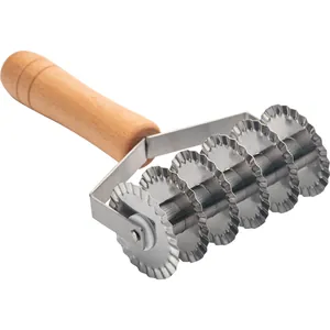 Professional 6-wheel stainless steel pastry cutter with ergonomic wooden handle.