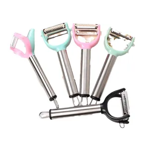 Multifunctional stainless steel kitchen peeler and shredder set in colorful handles