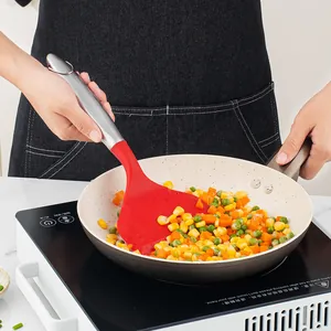 Professional red silicone spatula with stainless steel handle for non-stick frying pans