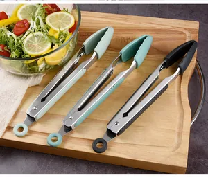 9-inch heat-resistant silicone food tongs with stainless steel handle for BBQ and salad