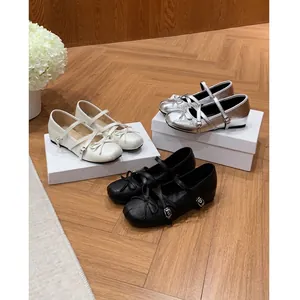 French Style Bow Mary Jane Ballet Flats For Women Hidden Wedge Hidden Insole Increasing Shoes Cross Strap Round Toe PU Leather Dress Shoes
